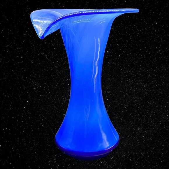 Vintage Art Glass Jack In The Pulpit Blue Swirl Vase Hand Blown 9”T 7”W - Picture 3 of 12